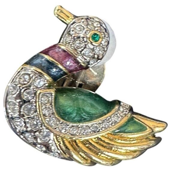Vtg Earrings Mallard Duck Bird Jadeite Rhinestones Clip Back  1 3/8" - Picture 3 of 5